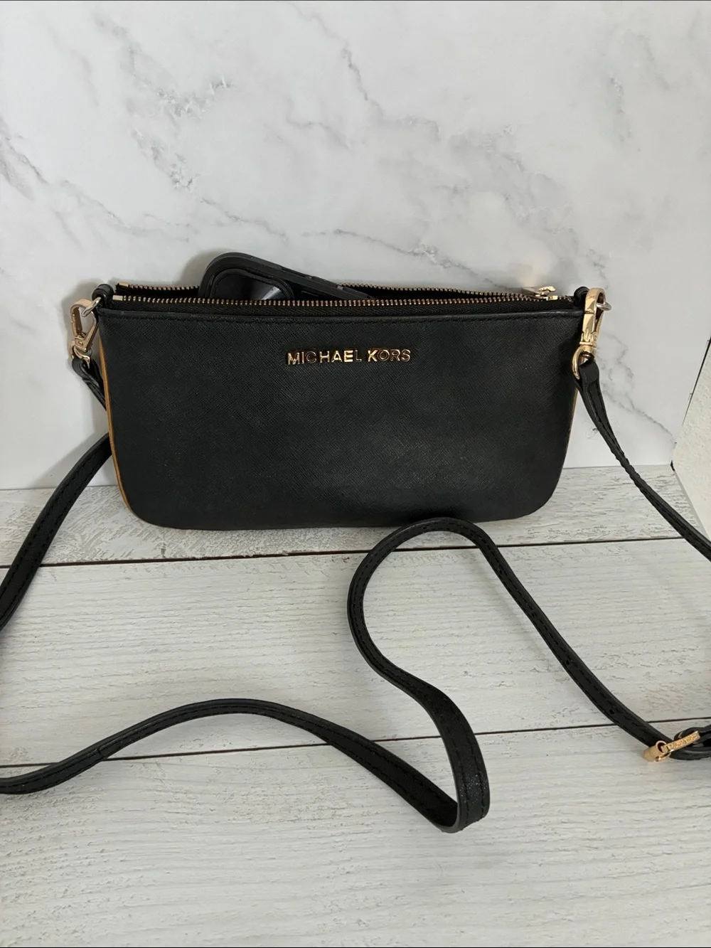 Michael Kors Black Safiano Leather Crossbody Phone Wristlet with Gold Hardware